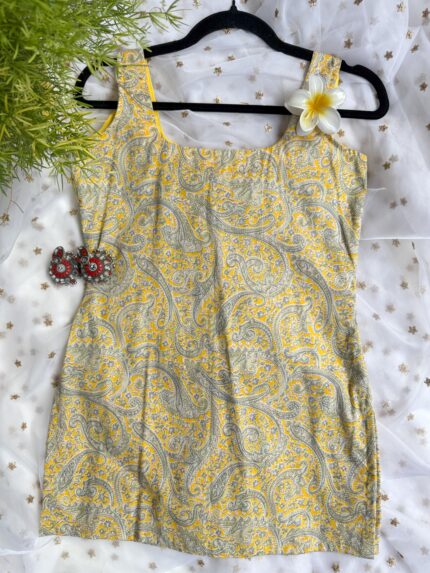 Yellow And Grey Cotton Kurti Set